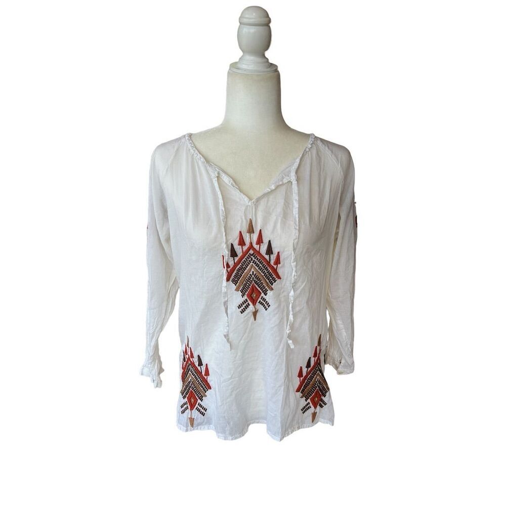 Rancho Estancia Women's XS White Embroidered Boho Peasant Western Arrow‎ Top